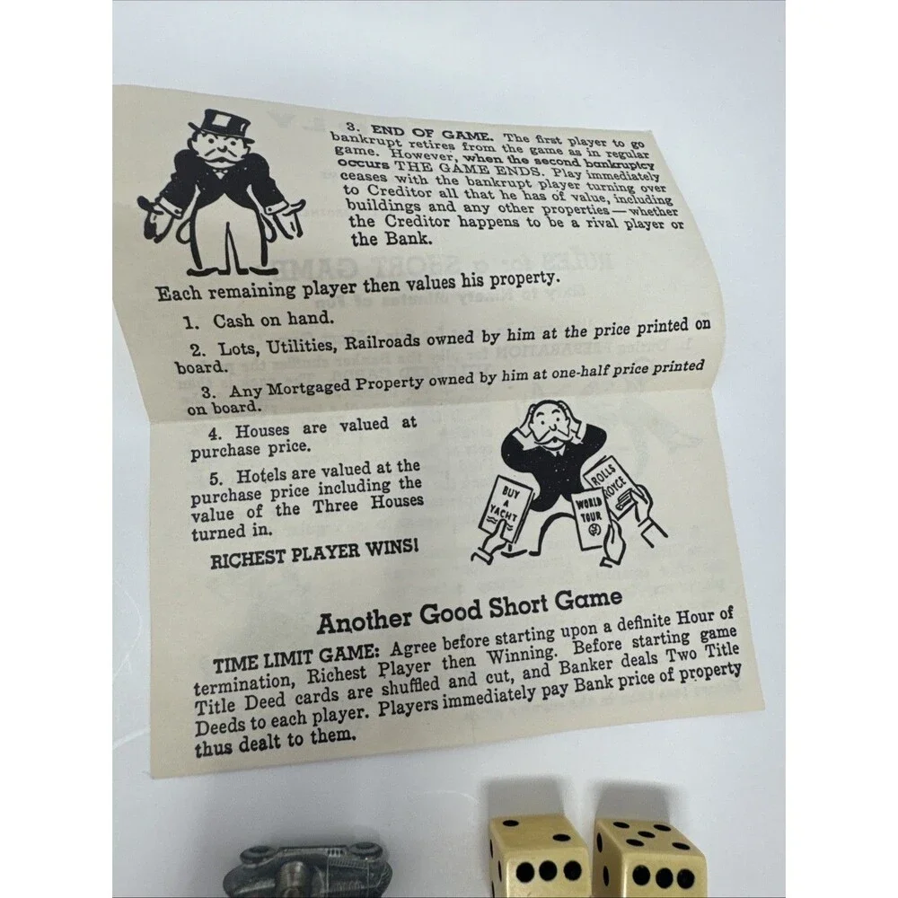 Vintage 1961 Monopoly Board Game Instructions Cream Dice 7 Pewter Game Pieces